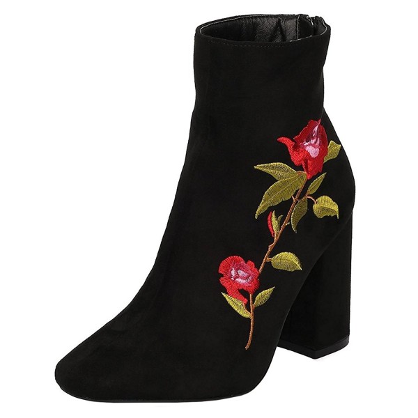 Women's Closed Toe Embroidered Chunky Stacked Heel Ankle Bootie - Black ...