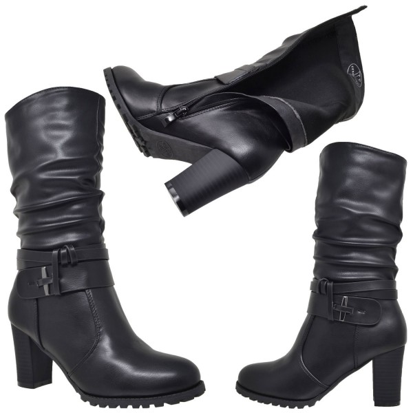 Womens Mid Calf Boots Faux Leather Ruched Strappy Stacked Block Heel Gy Wd Ada 35 Black Pu 3356