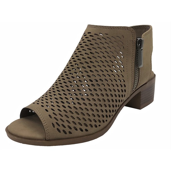 Open Toe Ankle Strap Bootie Sandal Low Heel Perforated Cutout - Taupe ...