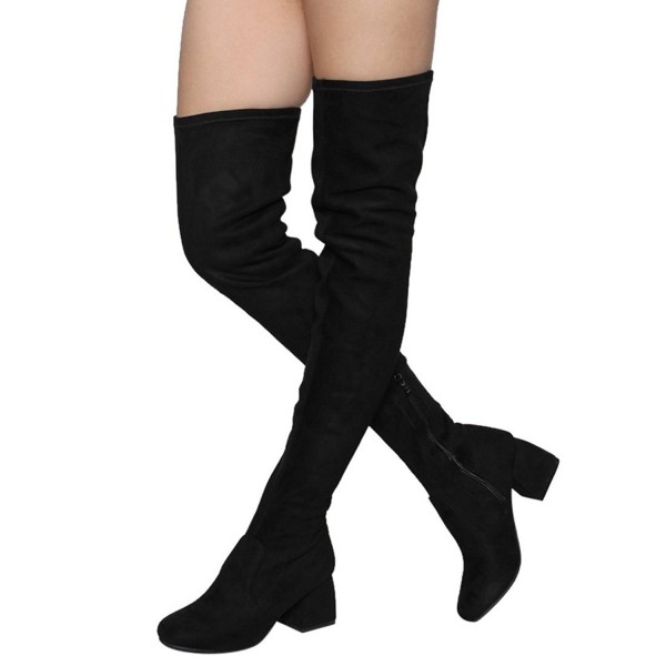 FM37 Women's Stretchy Snug Fit Thigh High Side Zipper Block Heel Boots ...