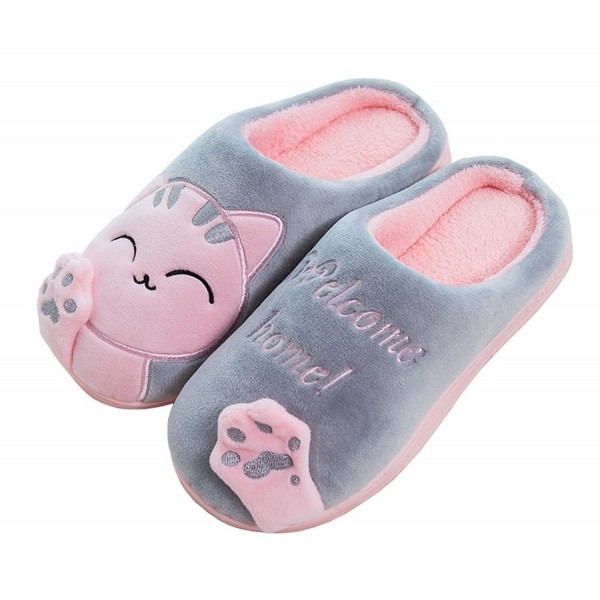 Women's Cute Cat Animal Plush Slip On Slippers - Greypink - CE187NWYTSU